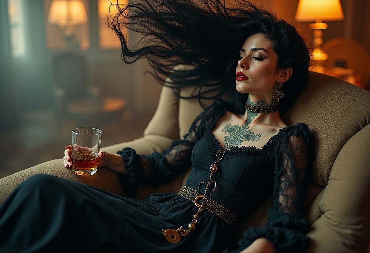 luxury magazine phtotography, Full body Beautiful lady pirate, black hair blowing, tattoo at her neck, sits relaxed while holding a glass of whiskey. highly detailed dress, mistery, Gothic aesthetic, double exposure , Junji Ito, victo ngai, M.W. Kaluta, richard anderson, a masterpiece. highly detailed and intricate, vogue style" subtractive lighting long exposure depth of field DSLR
