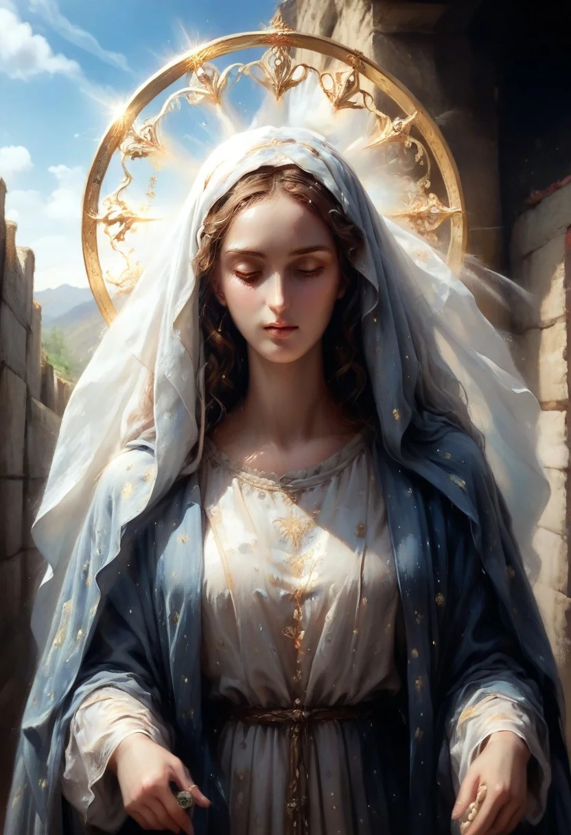 (M0th3r N4tur3:1.0), (Sacred Oil Painting Style:1.0),(The Virgin Mary in prayer, wearing traditional robes with an embroidered cloak. Her wavy hair is loose, and she has soft eyes and a kind expression:.75), (virgin_mary, traditional_robes, long_dress, flowing_robes, golden_trim, embroidered_cloak, simple_tunic, ornate_veil, halo, wavy_hair, long_hair, covered_head, slender_figure, delicate_frame, mature_grace,:1.0)