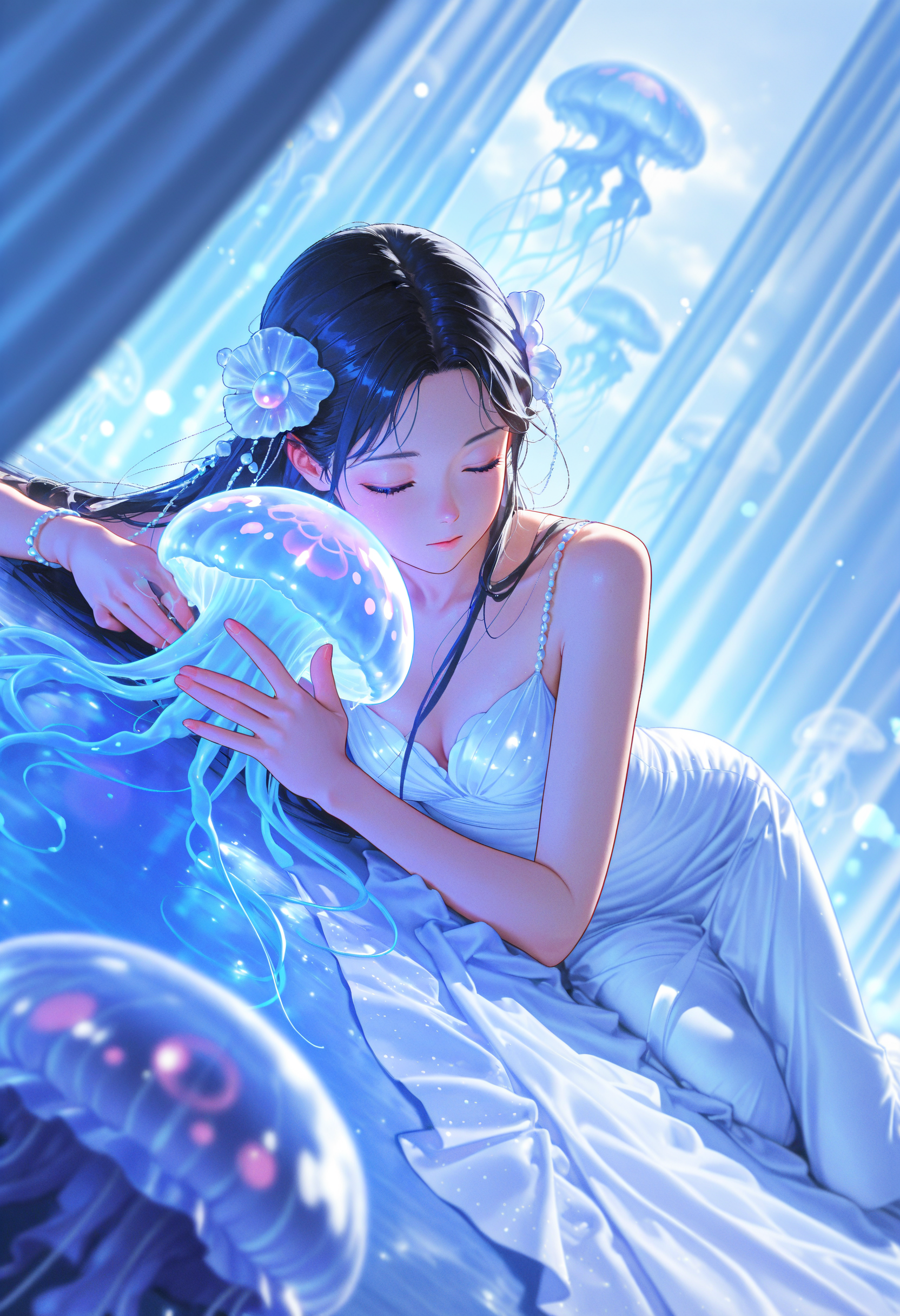(high_quality, newest, incredibly_absurdres, very aesthetic, zbrush_\(artwork\), depth_of_field, grainy_texture, 5_fingers, digital_painting_\(artwork\), flat_colors, anime_coloring)
(MMC-Illu,  1girl, long hair, black hair, jellyfish, solo, closed eyes, dress, hair ornament, blue theme, curtains, lying, jewelry, white dress)
