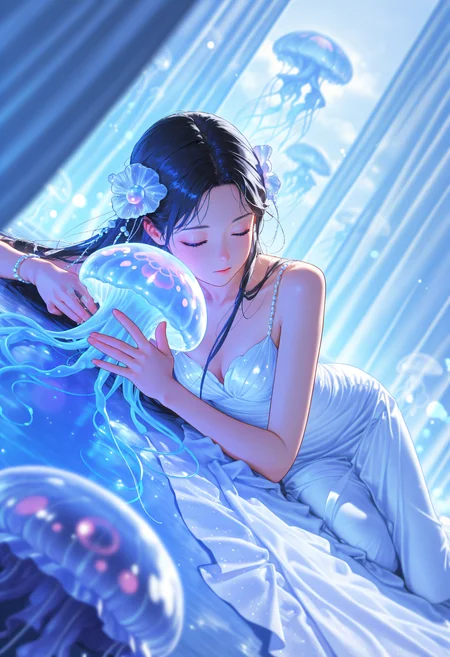 (high_quality, newest, incredibly_absurdres, very aesthetic, zbrush_\(artwork\), depth_of_field, grainy_texture, 5_fingers, digital_painting_\(artwork\), flat_colors, anime_coloring)
(MMC-Illu, 1girl, long hair, black hair, jellyfish, solo, closed eyes, dress, hair ornament, blue theme, curtains, lying, jewelry, white dress)