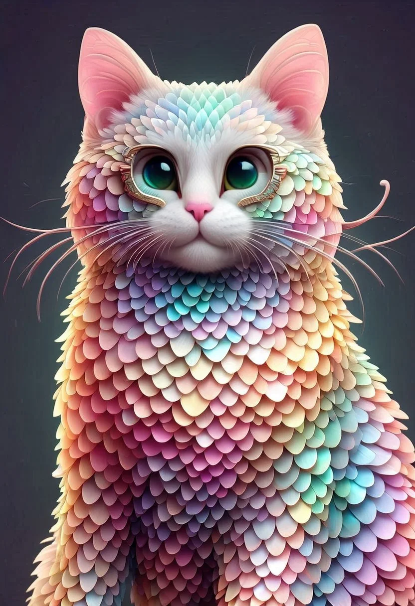 p1nk1r1sc4l3s, sunglasses on a cat, made out of iridescent scales, highest-Quality, intricate details, Masterpiece.