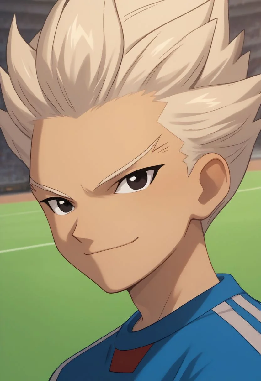 score_9, score_8_up, score_7_up, source_anime, highly detailed,
axel2, male focus, 1boy, solo, sportswear, black eyes, soccer uniform, smile, raimon, white hair