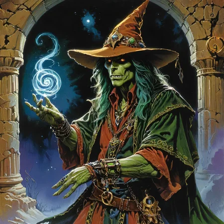 <lora:Spirit_Magic:0.61> spirit magic warlock, making deals with forces beyond reckoning, <lora:tbh182-sdxl:0.71> style of Clyde Caldwell