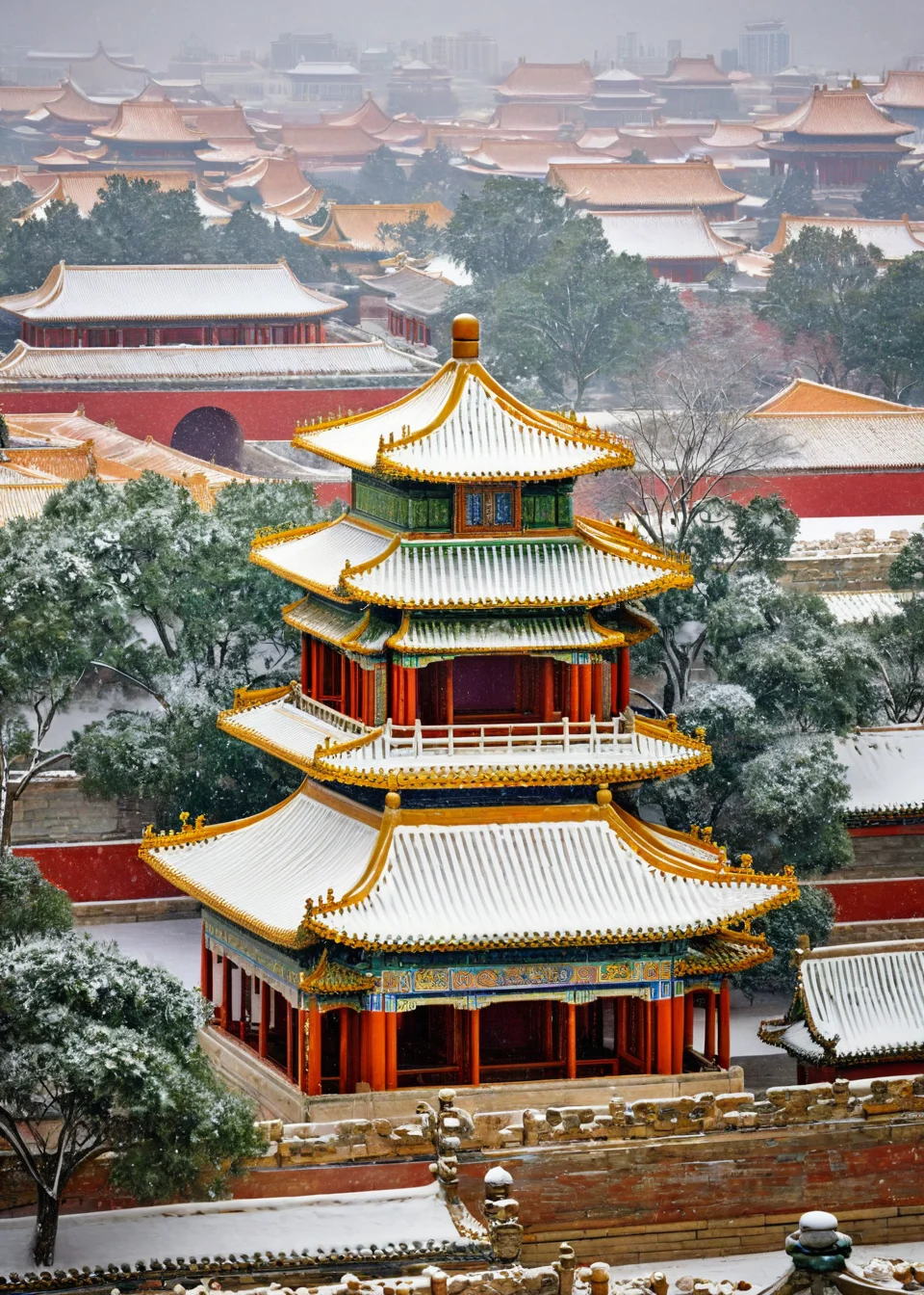 <lora:æå®«:1>,The Forbidden City,no humans,
This image showcases an exquisite display of traditional East Asian architecture,most likely from China. The scene is dominated by multi-tiered roofs adorned with intricate designs and patterns. Snow blankets the rooftops,adding a serene and tranquil ambiance to the setting. The pagoda-like structures are ornate,with golden embellishments and colorful tiles. The overall scene is a blend of nature's beauty and human architectural artistry,capturing the essence of a snowy day in a historic location.,, masterpiece, best quality,
