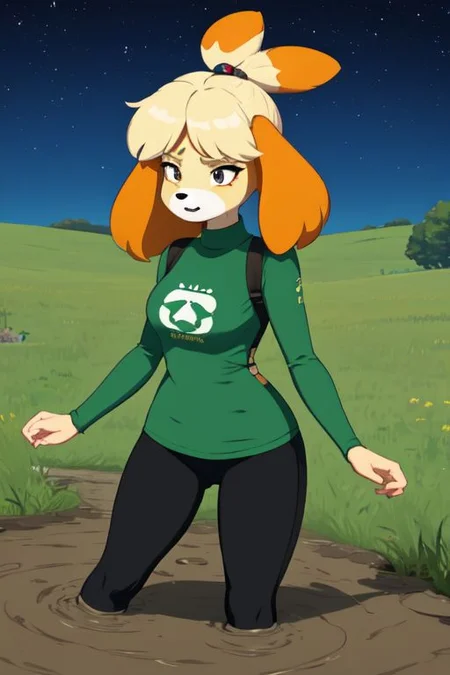 isabelle \(animal crossing\), (masterpiece, best quality:1.15), 1girl, solo, large breasts, high cheekbones, thick eyebrows, small mouth, looking to the side, leaning forward, adjusting clothes, tight leggings, green crop top shirt, starry nights, long hair, twin short braids, scared, partially submerged, struggling, farmland bog