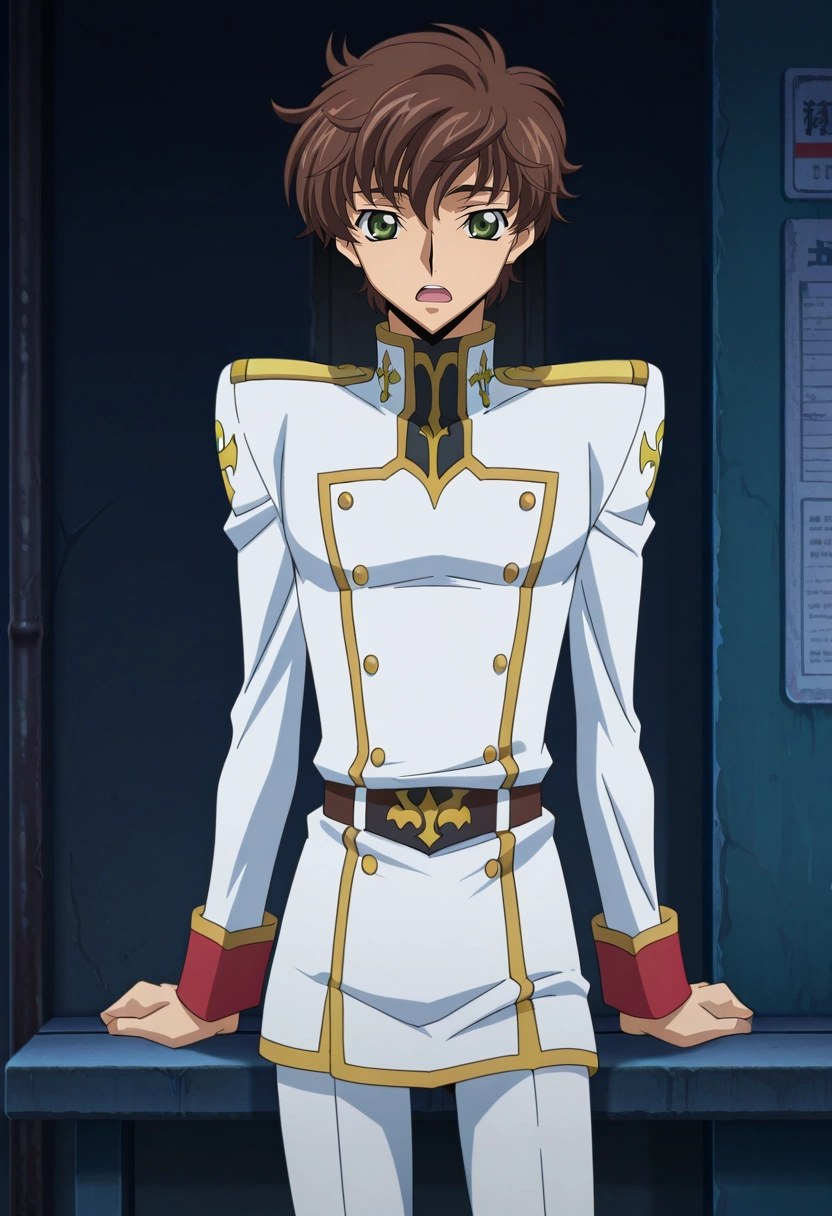masterpiece, best quality, , anime screencap, anime coloring, official style, looking at viewer, 1boy, solo, male focus, <lora:suzaku_kururugi_ilxl:0.96>, suzaku_kururugi, brown hair, green eyes, uniform, cowboy shot, bus stop, dark, arm support, open mouth, captain costume
