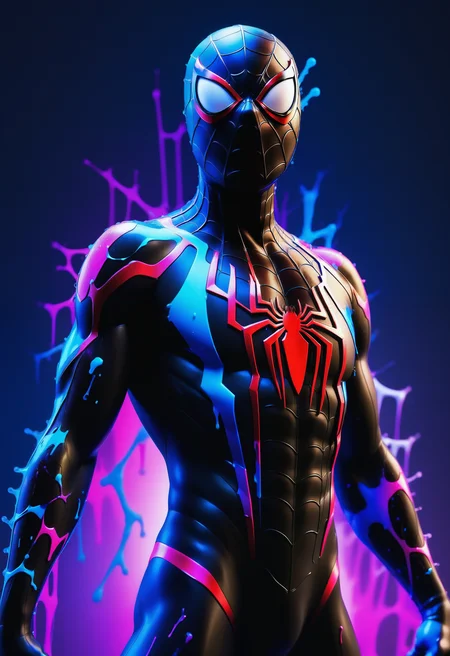 (a spiderman with a bodysuit made out of reij-bnysplsh <lora:ebonysplash-000005:1>),(((masterpiece))) , (((best quality))) , simple background, Simple and clean, Satisfying, Animecore, studio lighting, theatrical, holy, vibrant, atmosphere, luxurious, dynamic dramatic composition digital manipulation, flowing, highly decorated, intense, ambient atmosphere, stunning