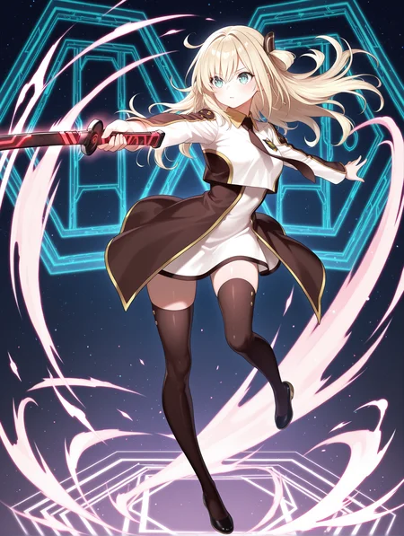 sky striker ace - raye, ordinary uniform, brown hair ornament, white cropped jacket, brown waist cape, white collared dress, brown thighhighs, black shoes, brown necktie, 1girl, solo, black katana, floating hair, floating, holding black katana, full body, one side up, zettai ryouiki, blue honeycomb \(pattern\), outstretched arm,
masterpiece,best quality,amazing quality,very aesthetic,absurdres,newest,<lora:Sky striker ace - Raye illusXL v1:0.75>,