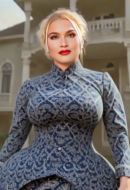Indonesian_Batik_Morph, female, solo, masterpiece, best quality, highly detailed, sharp focus, dynamic lighting, evening with golden hour lighting, professional grade, Photo realistic, Natural atmospheric lighting, intricate details, 35mm photograph, film, professional, 32k visuals, highly detailed, elegant, (scenery:2), (outdoor:2), golden hour, sunset, close up, ultra detailed, 32k, UHD, colorful, high quality, sharp focus, glamorous,  (Indonesian_Batik_Morph Victorian dress:1.9), European woman, 1girl, wrinkles, (anatomically correct:2.2), (fully dressed:2), (Indonesian_Batik_Morph mansion:2.6), dynamic position, She has blue eyes, face and upper body of an arrogant lady, beautiful 25 year old woman , high cheekbones, wearing red lipstick, natural eyes, black eyeliner and false eyelashes. She has thick lips and is gorgeous, Blonde Woman, (extreme feminine curves:2.9).