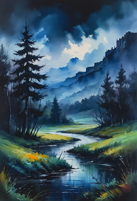 Magic, dark and moody landscape, in Gouache Style, Watercolor, Museum Epic Impressionist Maximalist Masterpiece, Thick Brush Strokes, Impasto Gouache, thick layers of gouache watercolors textured on Canvas, 8k Resolution, Matte Painting