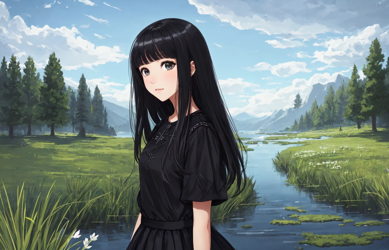 mksks style, (very detailed background:1.0), (highly detailed background:1.0), 1girl, full_body, looking_at_viewer, black_hair, black_skirt, masterpiece, best quality, (1girl, solo, girl:1.2), lake, grass, walking on water, stone ruins, chromatic aberration, depth of field, soft lighting