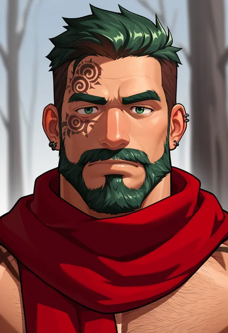 1boy, male focus, 
high quality, amazing quality, high resolution, absurdres
solo, looking at viewer, short hair, brown eyes, jewelry, closed mouth, upper body, earrings, green hair, scarf, blurry, lips, tattoo, blurry background, facial hair, piercing, thick eyebrows, ear piercing, portrait, beard, nose, mature male, brown hair, eyelashes, bara, facial tattoo, light smile, muscular male, thick mustache, solo, red scarf, muscular,
masterpiece, best quality, very aesthetic