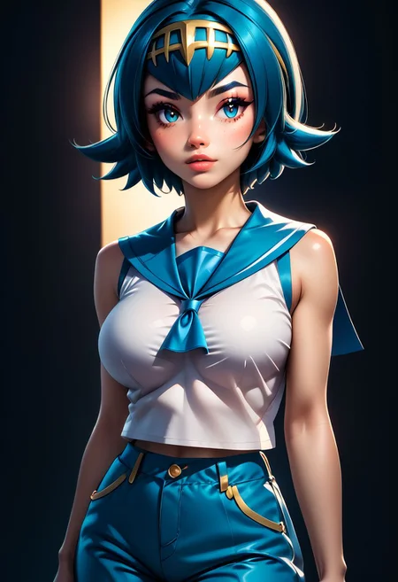 score_9, score_8_up, score_7_up, score_6_up, score_5_up, score_4_up score_9,score_8_up, digital art, upper body shot, realistic 3D illustration,
BREAK,
zzLana, yellow hairpiece, white shirt, sleeveless shirt, sailor collar, blue pants, baggy pants,
BREAK,
soft lighting, contemplative expression, dark background, subtle makeup, high-resolution, detailed texture, emotional depth, dramatic mood, side profile, serene atmosphere, cinematic lighting. perfectly round breasts, big breasts, firm breasts, SkinHairDetail, eye contact