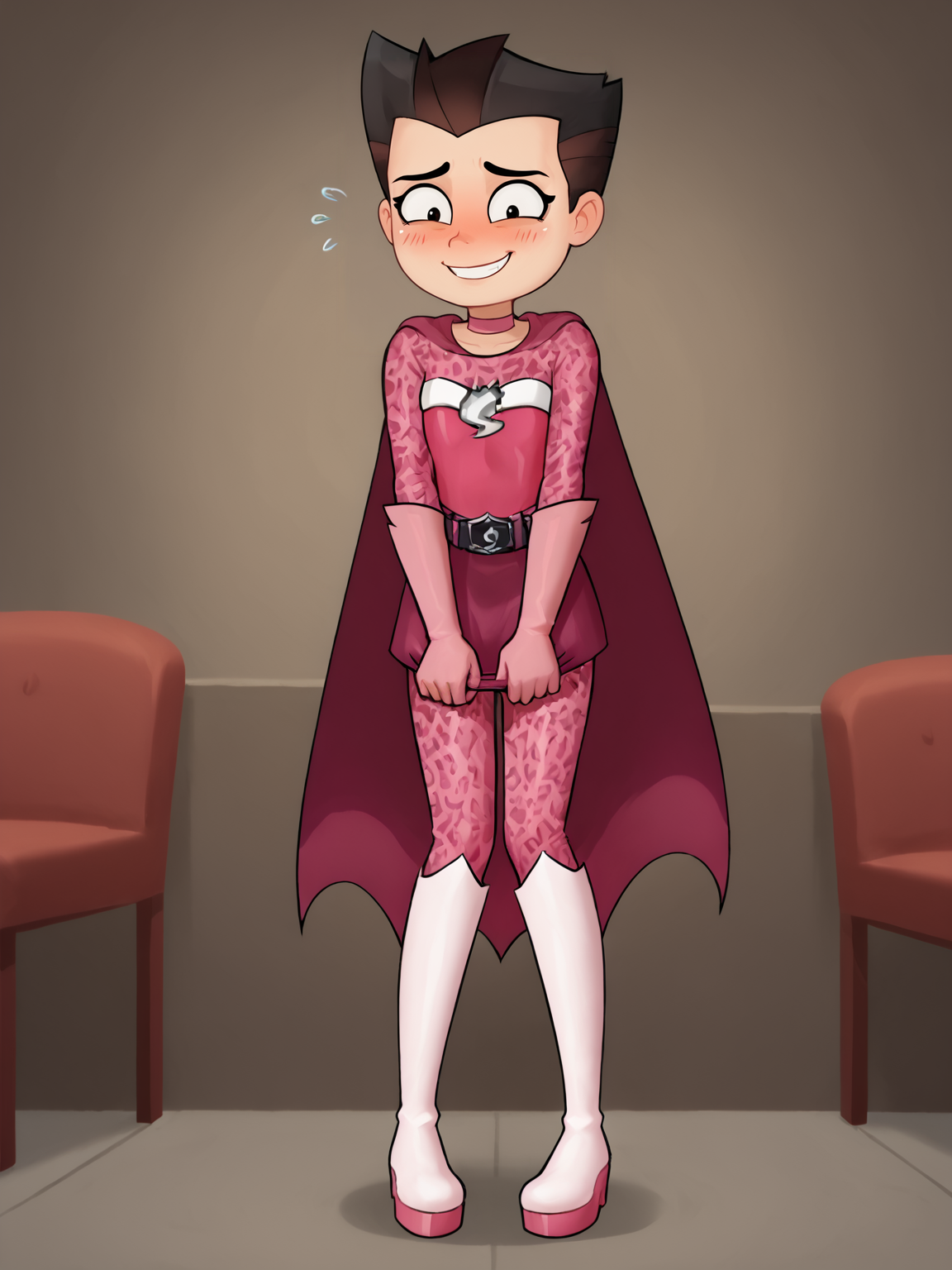 score 8 up,score 7 up,<lora:shezow_v2:0.7> hamdon, animal print bodysuit, belt, gloves, boots, pink gloves, spiked hair,nervous smile,knees together feet apart, standing, solo,pink skirt,indoor,cape,nervous smile, blush, <lora:Lunas-Loodncrood-SDXL-A1:0.6>,skirt pull,