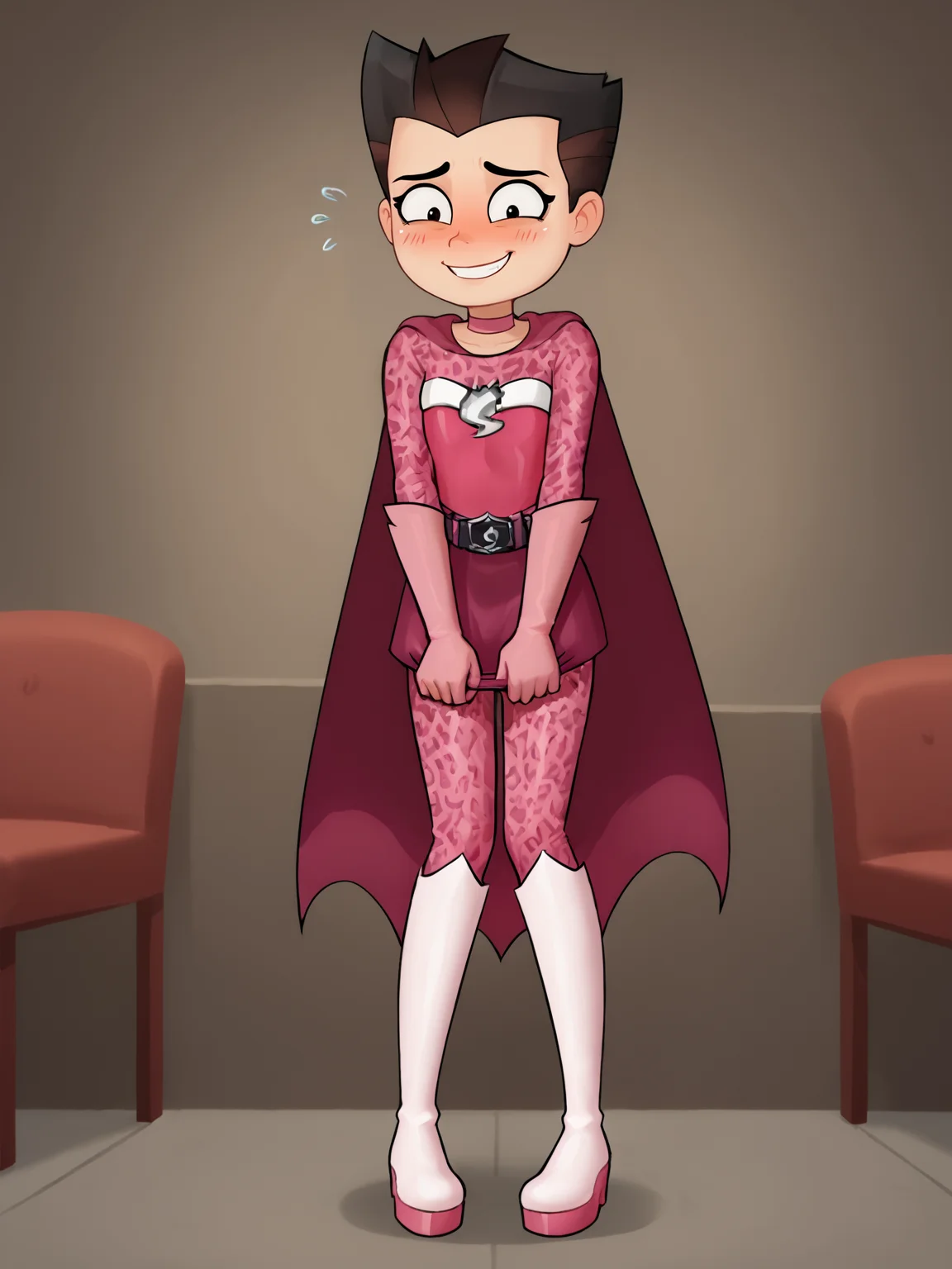 score 8 up,score 7 up,<lora:shezow_v2:0.7> hamdon, animal print bodysuit, belt, gloves, boots, pink gloves, spiked hair,nervous smile,knees together feet apart, standing, solo,pink skirt,indoor,cape,nervous smile, blush, <lora:Lunas-Loodncrood-SDXL-A1:0.6>,skirt pull,