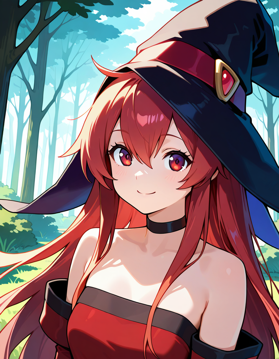 <lora:DHERivieracierra_SDXL_illustrious_fp16_ver01:1>, DHERivieracierra, 1girl, witch hat,  red hair, long hair,red eyes, black choker, dress, bare shoulders, elbow gloves,upper body,smile,forest,, masterpiece, best quality, very aesthetic, absurdres,<lora:detailed_hands:1>,hand