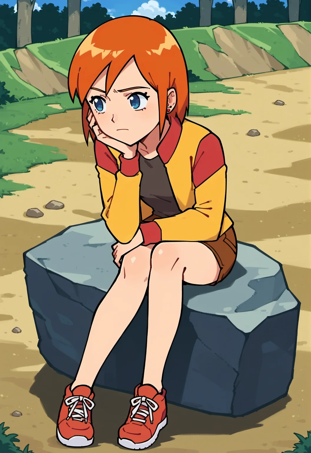 score_9, score_8_up, score_7_up, score_6_up,
BREAK
lunaMWS, 1girl, full body, blue eyes, orange hair, short hair, swept bangs, small breast, looking to the side, closed mouth, red earrings, sitting, on rock, hands on own face, leaning forward, bored, from above
BREAK
yellow jacket, long sleeves, black shirt, closed jacket, brown skirt, pencil skirt, red sneakers
BREAK
wide shot, outdoors, blue sky, cloud, forest, tree rock, <lora:Luna_PlanetSurvival:1>