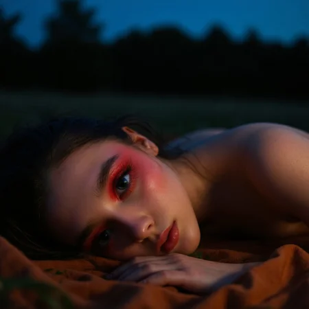 ultra realistic extremely detailed close-up shot: gazing deep into the huge beautiful eyes of a sexy and alluring skinny raver girl with long black hair lying back on a blanket in a field at night. Red glitter eyeshadow and winged eyeliner frames her big expressive blue eyes with dilated pupils and long eyelashes, ((euphoria makeup)). She gazes toward the viewer and smiles seductively with her soft pink lips, her facial expression exuding unbridled lust and excitement. She blushes, flushing her cheeks as the moon bathes the sharp features of her beautiful heart-shaped face in a gentle glow. The extremely pale white skin of her lithe slender body and small breasts is softly illuminated by the moonlight. Nighttime forest glen background. The softly moonlit nighttime image conveys a sense of sensuality and desire. aidmafluxpro1.1