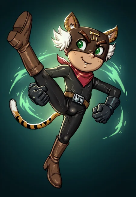 score_9, score_8_up, score_7_up, MidnightDexy, 1boy, solo, male focus, El_Tigre, Mask, Green Eyes, white sideburns, Freckles, Cat Ears, Black Bodysuit, belt buckle, brown boots, Red Bandana around neck, black Gloves, tail, green aura, jumping kick, kicking, from below, jumping, foot focus