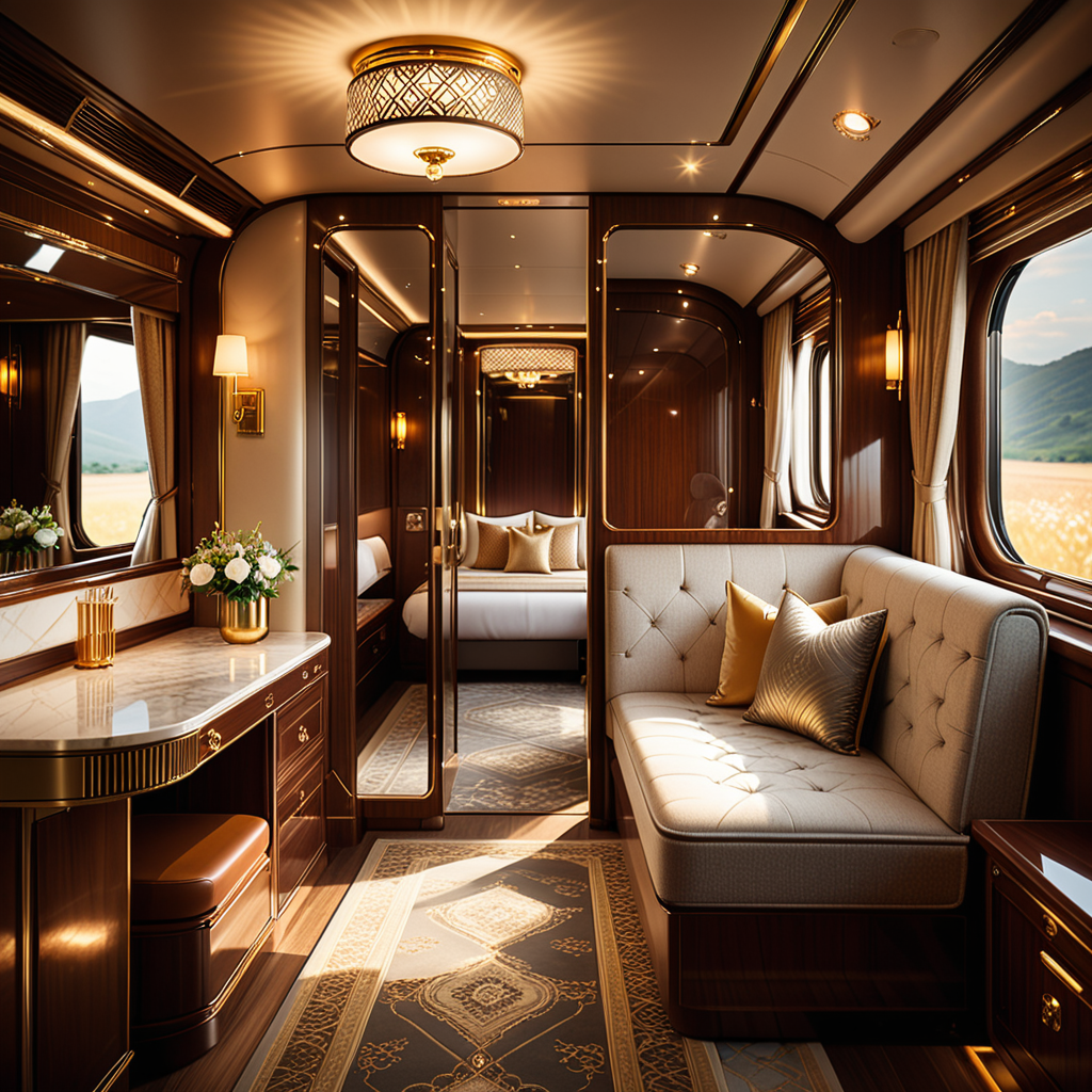 A cozy and luxurious private cabin in a premium train, designed for relaxation and comfort during long journeys. The cabin features rich wooden paneling with a glossy finish, creating a warm and inviting atmosphere. A plush seat upholstered in fine leather or velvet sits by a large window, with soft, golden light streaming in through partially drawn curtains made of heavy, textured fabric.
a vintage lamp with a brass base and a frosted glass shade, casting a soft glow. Above the seating area, a compact storage compartment holds a neatly folded blanket and a small travel bag.
The walls are adorned with subtle art deco patterns and a built-in mirror framed in polished metal. The floor is covered in a luxurious carpet with intricate designs in muted colors. Modern amenities, such as USB charging ports and a control panel for adjusting lighting and temperature, are discreetly integrated. The scene conveys a blend of timeless elegance and modern convenience, perfect for a high-end travel experience.
<lora:SDXLFaeTastic2400:0.4> <lora:extremely_detailed:0.4> extremely detailed, Masterpiece,best quality,hi res,8k,hi res,8k,award winning,(sharp focus, intricate, highly detailed),
