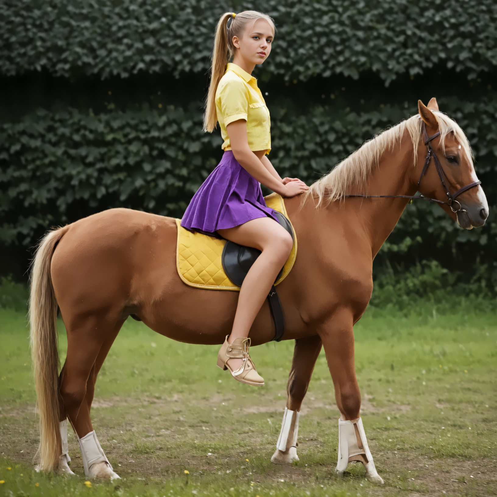 RiHorse, side_view++ (slim 25yo girl) riding a  horse. The girl wears yellow short skirt and purple shirt. The girl has short blonde ponytail  <lora:RideHorse:1>