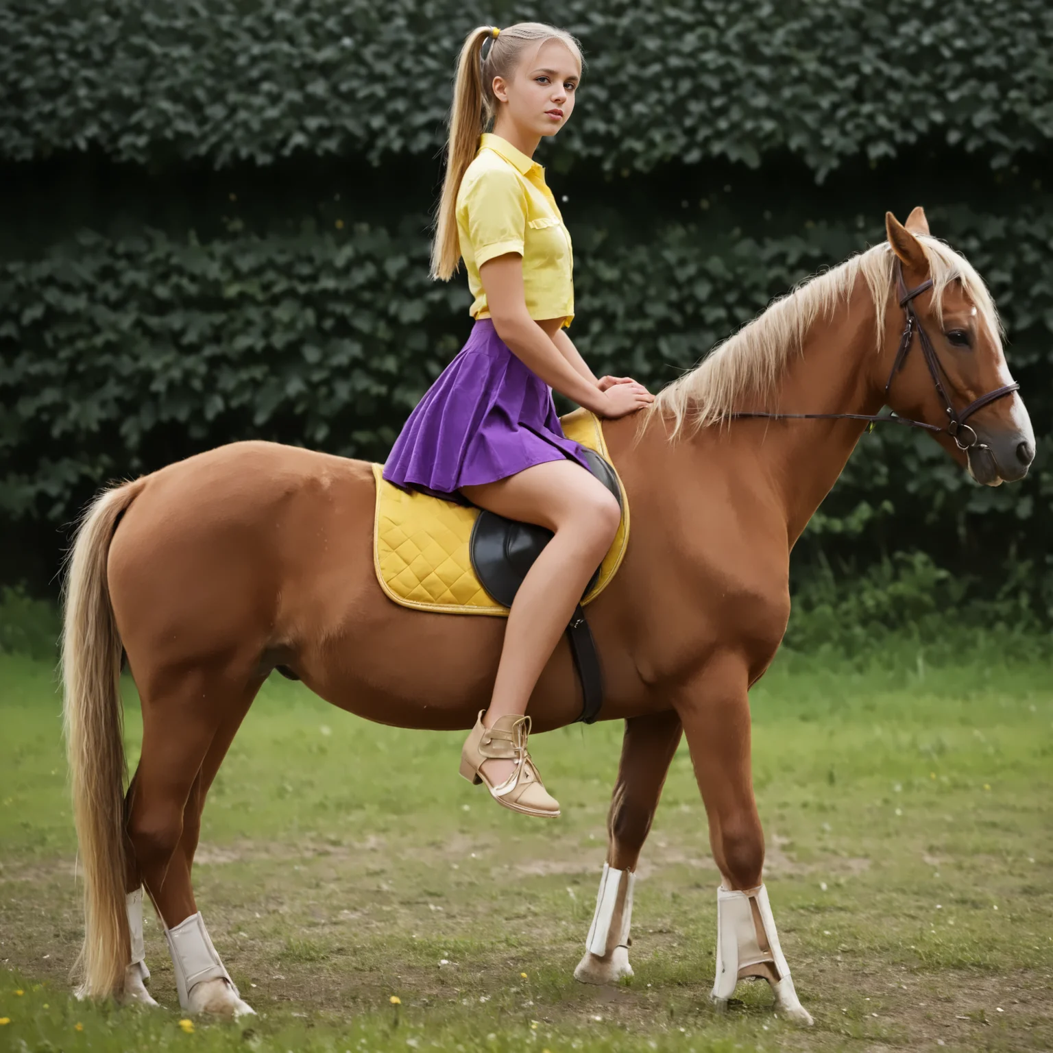 RiHorse, side_view++ (slim 25yo girl) riding a horse. The girl wears yellow short skirt and purple shirt. The girl has short blonde ponytail <lora:RideHorse:1>