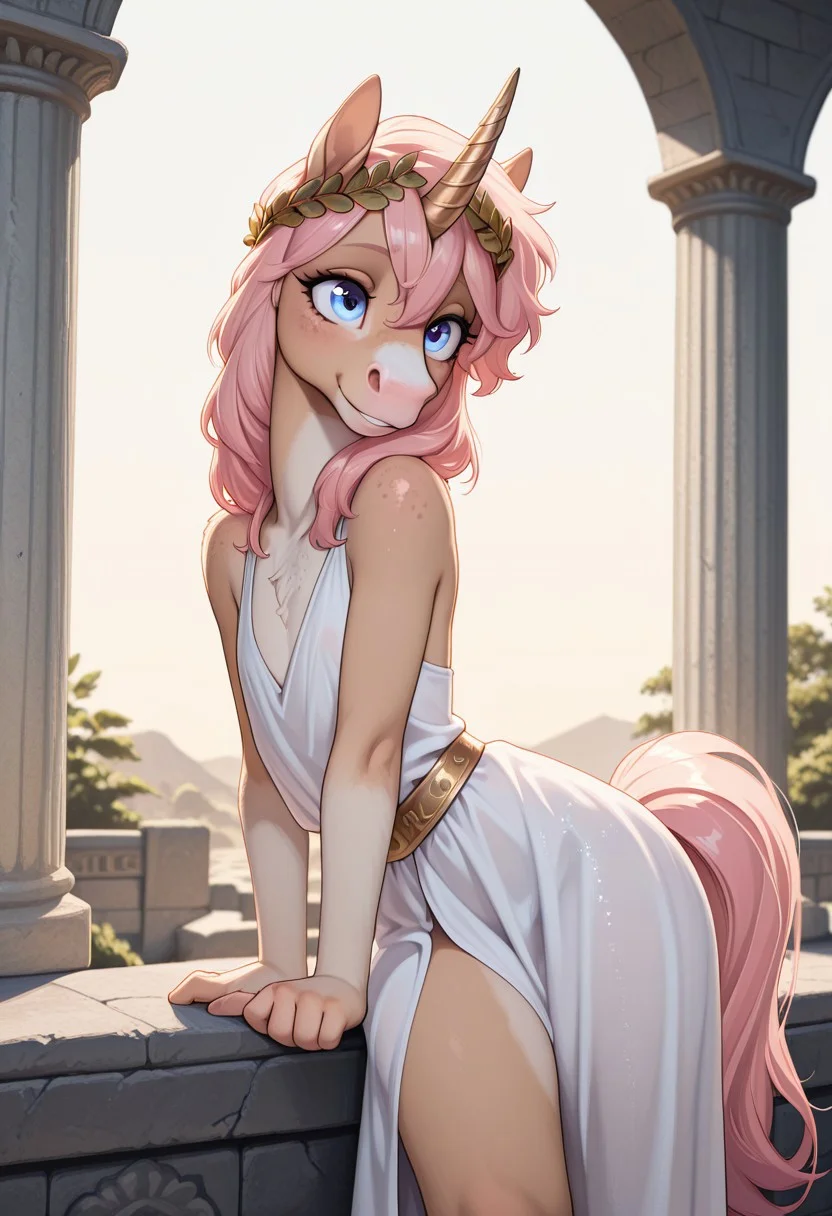 An anthropomorphic unicorn. Cheeky trans unicorn boy. white wool. light pink curly mane, glitter on her face and shoulders. Golden horn. delicate pink nose, painted eyes, blue eyes, freckles, the flat chest, the dress of the Greek goddess, the golden belt, the golden wreath on the head of their leaves, dynamic pose, wind in your hair, smile.
On the background of a ruined Greek temple, the sea, antiquities