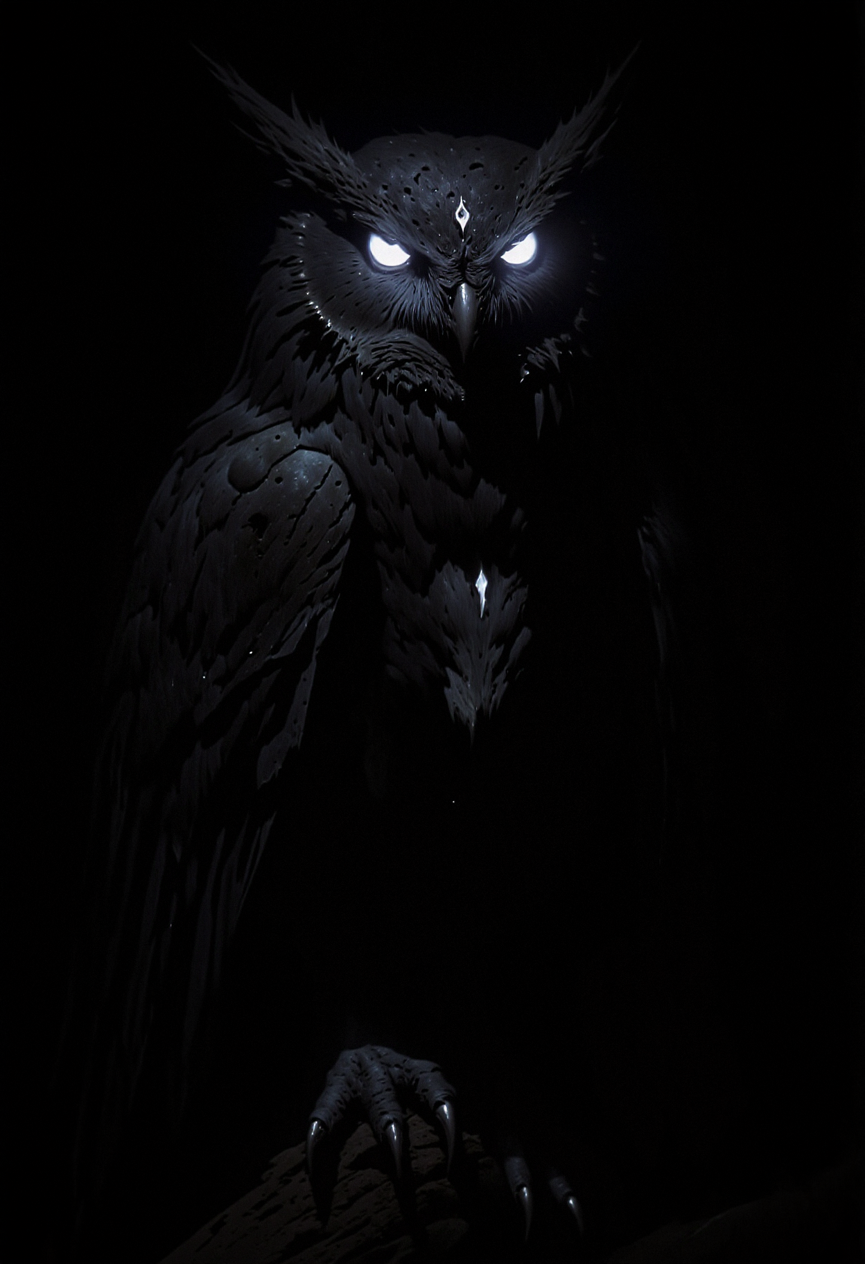 A dark owl with glowing, white-blue eyes perched against a black background. The owl's feathers are entirely deep black with a matte texture, reflecting no light. A small crescent moon symbol is visible on its forehead, glowing faintly with the same white-blue hue as its eyes. The owl is in a still, upright position, its sharp talons gripping an unseen perch in the darkness. The overall style is minimalistic with a focus on the contrast between the dark feathers and the glowing elements. The atmosphere is mysterious, mystical, and eerie, with no visible details of the surrounding environment.   <lora:FluxMythP0rtr4itStyle:0.53> MythP0rt, <lora:dark_fantasy_flux:0.83> <lora:FredFraiStyle-FLUX-Share:0.63> <lora:sxz-Dark-Fantasy-v2-Flux:0.33> drkfnts style, <lora:flux.1_lora_flyway_Epic-Characters_v1:0.43>