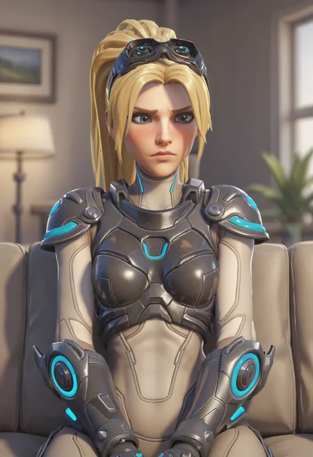 score_9, score_8_up, score_7_up, score_6_up, score_5_up, score_4_up, 1girl, <lora:WidowmakerNova:0.7> solo, medium breasts, ponytail, blonde hair, long hair, blue eyes, bodysuit, armor, goggles, goggles on head, blush, upper body, front view, eyes half closed, embarrassed, sitting on couch,
living room background, couch, window, plant, lamp, blurry background, 3d, render,