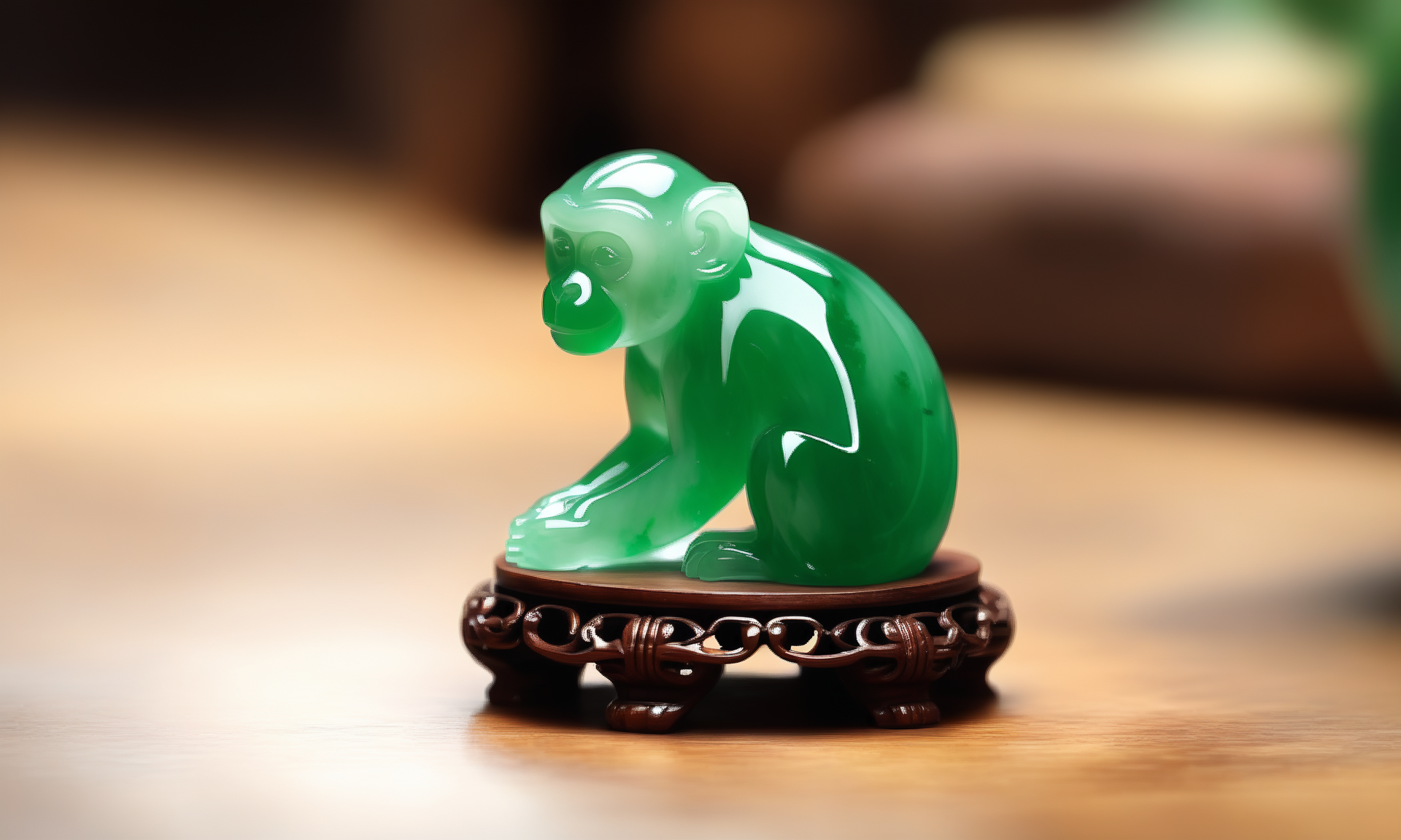 ethereal fantasy concept art of  <lora:jadeitecarvingcd_xl-000006:0.6>,a statue of a monkey made of (green jadeite, transparent) on floor,tilt-shift,miniature,jadeitecarvingcd_xl with green theme,no humans,long-focus,indoors,chinese zodiac,wooden table,cutie,cute,still life,animal statue,front view,facing viewer,looking at viewer . magnificent, celestial, ethereal, painterly, epic, majestic, magical, fantasy art, cover art, dreamy
