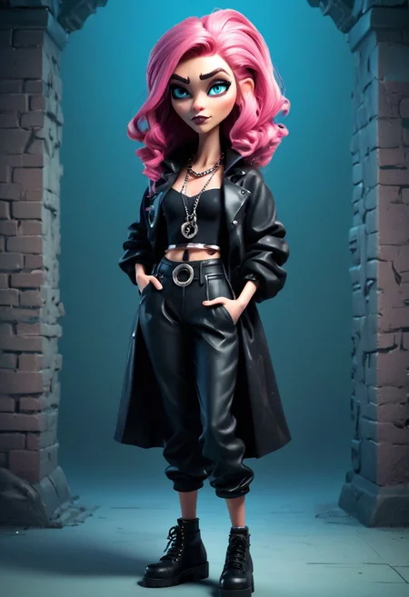 A captivating 3D render of a quirky and adorable claymation woman character. She sports a black gothic girly halter top a large coat, black, baggy very black pants, and chains and necklaces. Her pink hair is reminiscent of a cubist style, with blue eyes that sparkle with personality. The woman stands with a confident posture The overall vibe of the illustration is angry confident, stylish, vibrant, a dash of whimsy. Glaring posing model glossy cool girl, illustration, 3d render, poster, fashion, graffiti