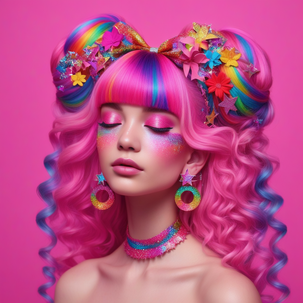 stairs, earrings, solo, long hair, cherry, grass, day, gradient, star (symbol), rainbow hair, closed mouth, vibrant rainbow, tree, frog, planet, colorful, sparkles, musical note, house, pink background, pointy ears, closed eyes, scales, piercing, hair bow, building, double bun, 1girl, heart, flower, cute creatures, simple background