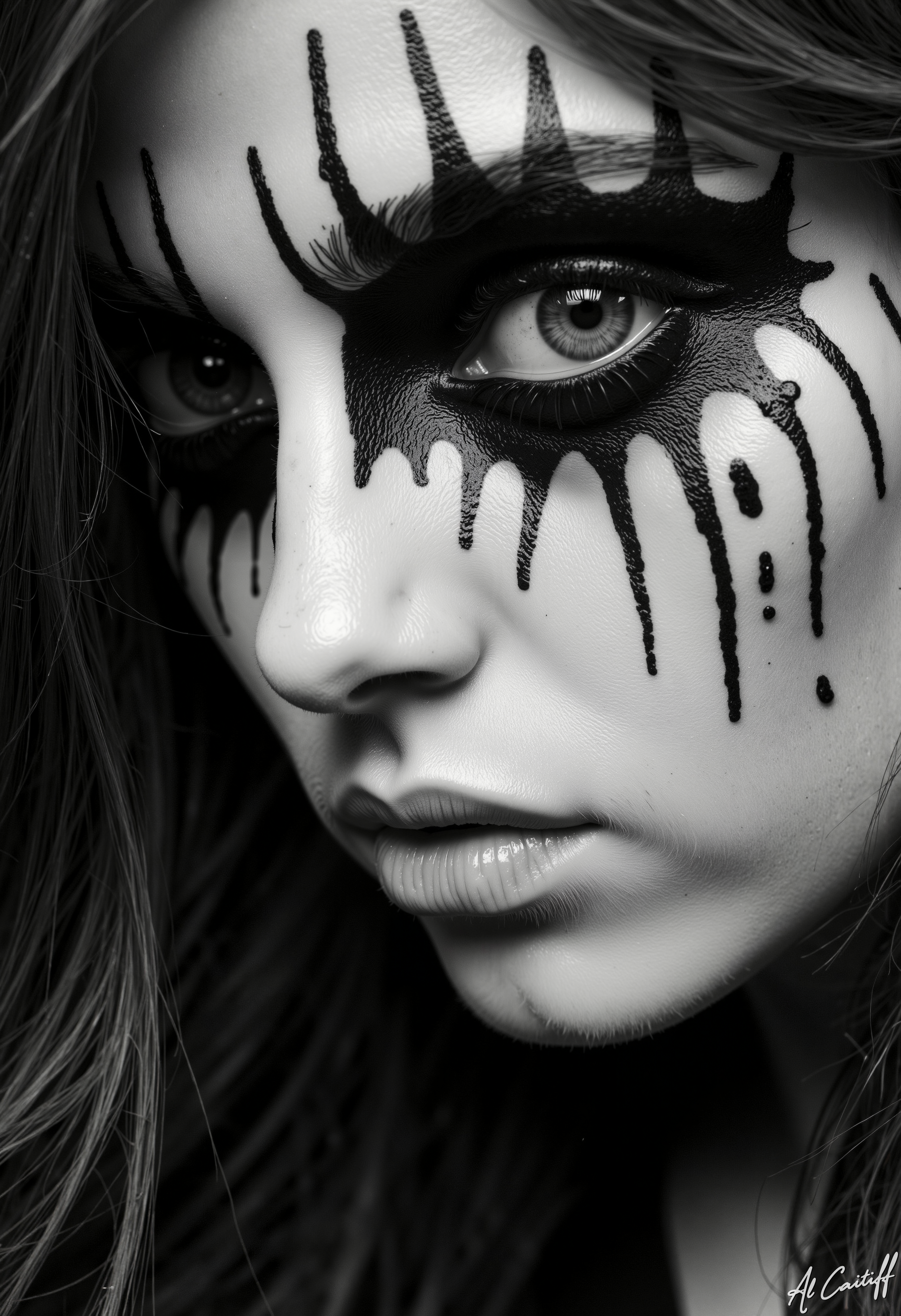 High-angle shot, 105mm telephoto lens with minimal distortion, no motion blur, deep f/1.4 depth of field. Black and white scene with dramatic lighting. A person with pale skin and a single, striking eye painted in intricate black and white patterns, resembling a stylized eye with a black pupil and white sclera. The eye is surrounded by black streaks that resemble tears, creating a haunting effect. The person's face is partially visible, with the focus on the eye, emphasizing the detailed makeup and the stark contrast between the black and white elements.<lora:CustomFlux/MysticRealism.safetensors:1.0000000000000002:1.0000000000000002>
