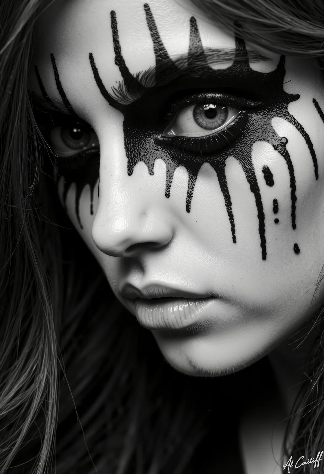 High-angle shot, 105mm telephoto lens with minimal distortion, no motion blur, deep f/1.4 depth of field. Black and white scene with dramatic lighting. A person with pale skin and a single, striking eye painted in intricate black and white patterns, resembling a stylized eye with a black pupil and white sclera. The eye is surrounded by black streaks that resemble tears, creating a haunting effect. The person's face is partially visible, with the focus on the eye, emphasizing the detailed makeup and the stark contrast between the black and white elements.<lora:CustomFlux/MysticRealism.safetensors:1.0000000000000002:1.0000000000000002>