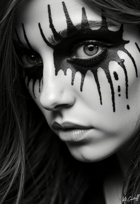 High-angle shot, 105mm telephoto lens with minimal distortion, no motion blur, deep f/1.4 depth of field. Black and white scene with dramatic lighting. A person with pale skin and a single, striking eye painted in intricate black and white patterns, resembling a stylized eye with a black pupil and white sclera. The eye is surrounded by black streaks that resemble tears, creating a haunting effect. The person's face is partially visible, with the focus on the eye, emphasizing the detailed makeup and the stark contrast between the black and white elements.<lora:CustomFlux/MysticRealism.safetensors:1.0000000000000002:1.0000000000000002>