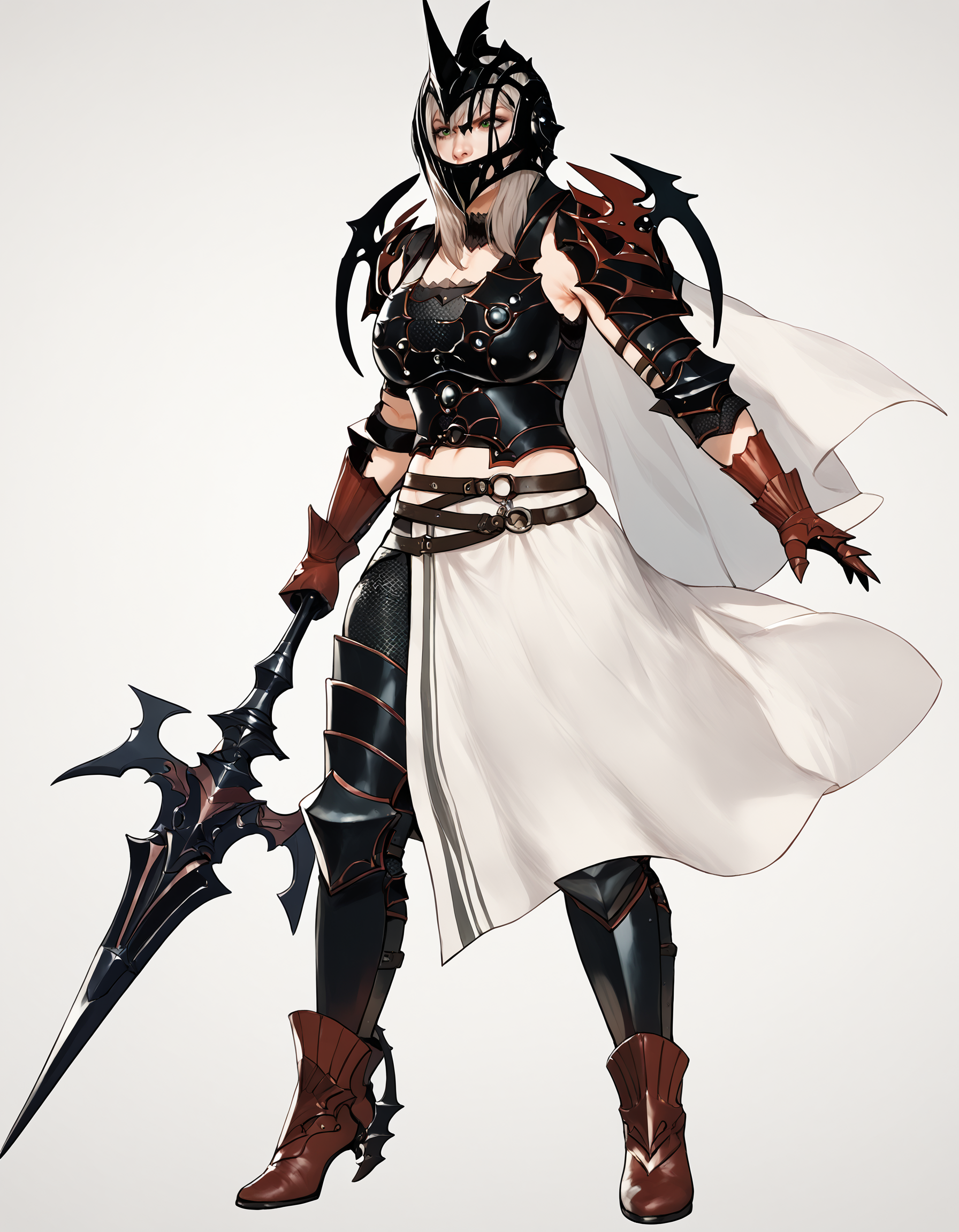 score_9, score_8_up, score_7_up, score_6_up, realistic,
A girl, holding lance, lance, fighting stance, incoming attack, battle stance, 
Aranea Highwind, 1girl, mature female, solo,
determined, 
green eyes,
(helmet, mask:1.1), armor, shoulder armor, gauntlets, breastplate, greaves, belt, white waist cape, ankle boots, 
large breasts,
simple background, 
 <lora:Aranea Highwind3216PDXL_1:1>  <lora:NAIV3_Hentai-Mixed_Artstyle:0.8>