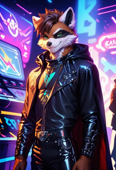 score_9, score_8_up, score_7_up,score_9, score_8_up, score_7_up, ((cowboy shot)), arcade, standing, BREAK, ((High fantasy art style)), solo, male, anthro raccoon, black hooded cloak, (black leather breastplate), black leather greaves, black leather pauldrons, black leather boots, brown hair, ((detailed green eyes)), ((Masterpiece), (absurdres), (shadowy), (mysterious), ((smirk)), playing arcade game