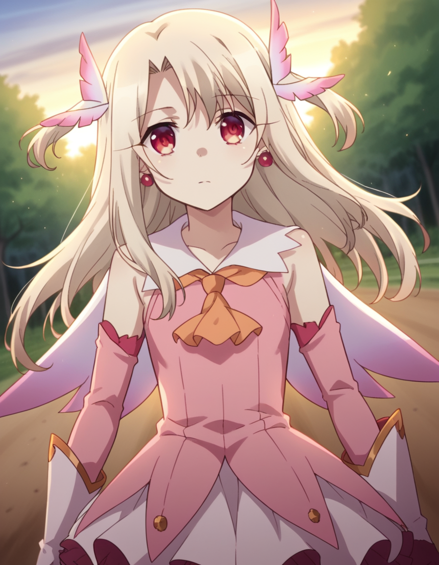 score_9, score_8_up, score_7_up, source_anime, <lora:illyasviel-von-einzbern-prisma-s2s3-ponyxl-lora-nochekaiser:1>,, illyasviel von einzbern, long hair, blonde hair, red eyes, parted bangs,, hair ornament, gloves, dress, jewelry, earrings, detached sleeves, ascot, magical girl, feathers, pink dress, feather hair ornament, prisma illya,, bike ride, countryside, dirt road, trees, afternoon sun, peaceful, alone, , looking at viewer, hand resting on chin, solo,, cowboy shot, dutch angle