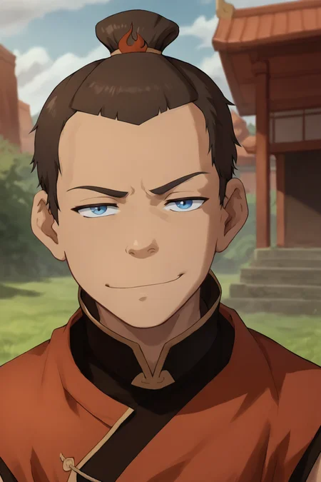 score_9, score_8_up, score_7_up, <lora:sokka:0.8>, 1boy, solo, sokka, brown hair, short hair, blue eyes, fire nation clothing, red clothes, black clothes, coat, topknot, looking at viewer, expressionless, smug, outdoors,
