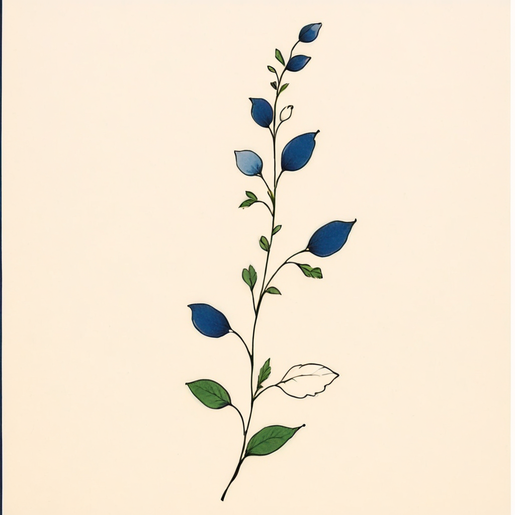 <lora:Delicate_WhimsySDXL:1> ArsMJStyle, Delicate Whimsy, The image shows a drawing of a flower with blue and white petals and green leaves on a white background., no humans, flower, simple background, white flower, blue flower, leaf, border, branch, white background, plant