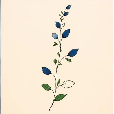<lora:Delicate_WhimsySDXL:1> ArsMJStyle, Delicate Whimsy, The image shows a drawing of a flower with blue and white petals and green leaves on a white background., no humans, flower, simple background, white flower, blue flower, leaf, border, branch, white background, plant