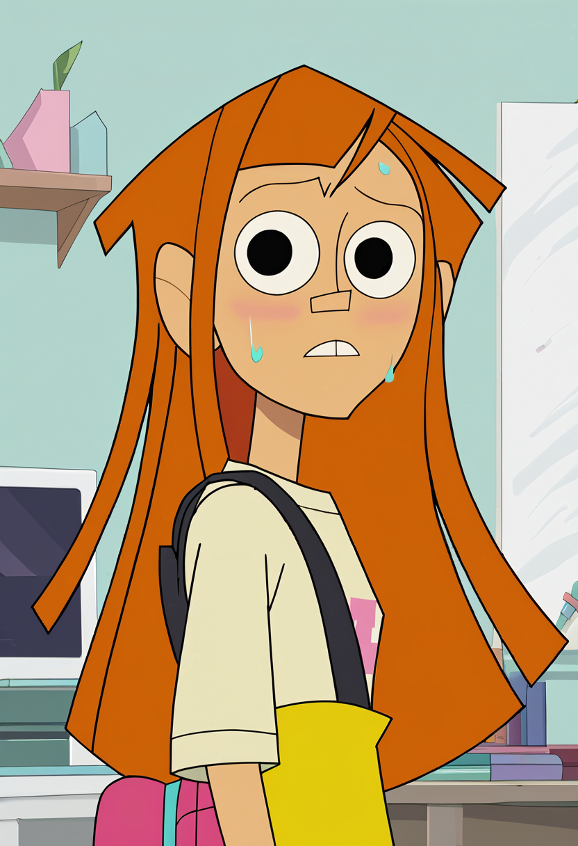 <lora:TwelveForever_Reggie_Pony:1.1>, reggie \(endless\), reggie \(twelve\), sweat, reggie, twelve forever, 1girl, solo, orange hair, long hair, black eyes, bangs, penthouse apartment, masterpiece, best quality, score_9, score_8_up, score_7_up