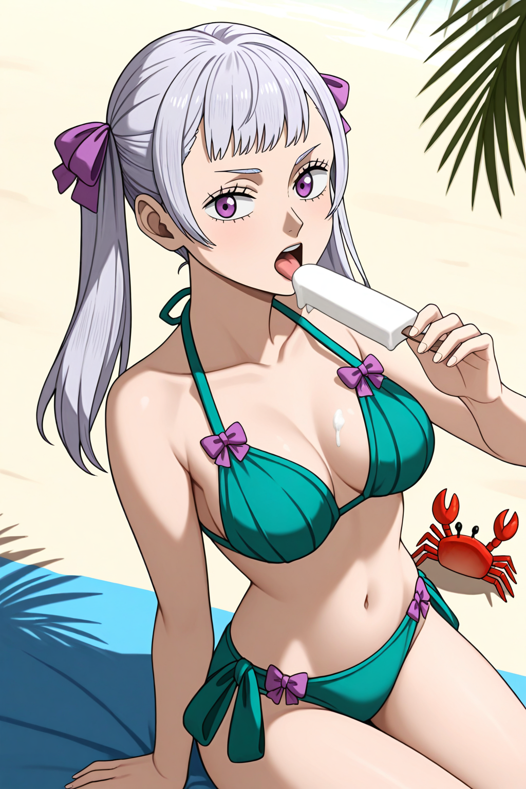 noelle silva, black clover, 1girl, beach, bikini, breasts, cowboy shot, crab, food, fruit, green bikini, grey hair, holding, looking at viewer, medium breasts, official alternate costume, open mouth, outdoors, palm tree, popsicle, purple eyes, solo, strawberry, swimsuit, tongue, tree, twintails, masterpiece, best quality, amazing quality, very aesthetic, absurdres