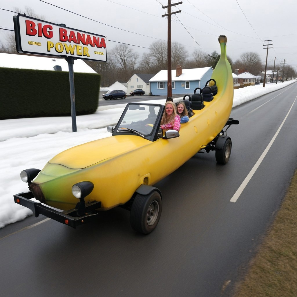parody, big banana car, 4 wheels, 4 seats, blonde hair, facial hair, banana, denim, snow, lamppost, 2girls, sign, power lines, shirt, photo background, english text, motion blur