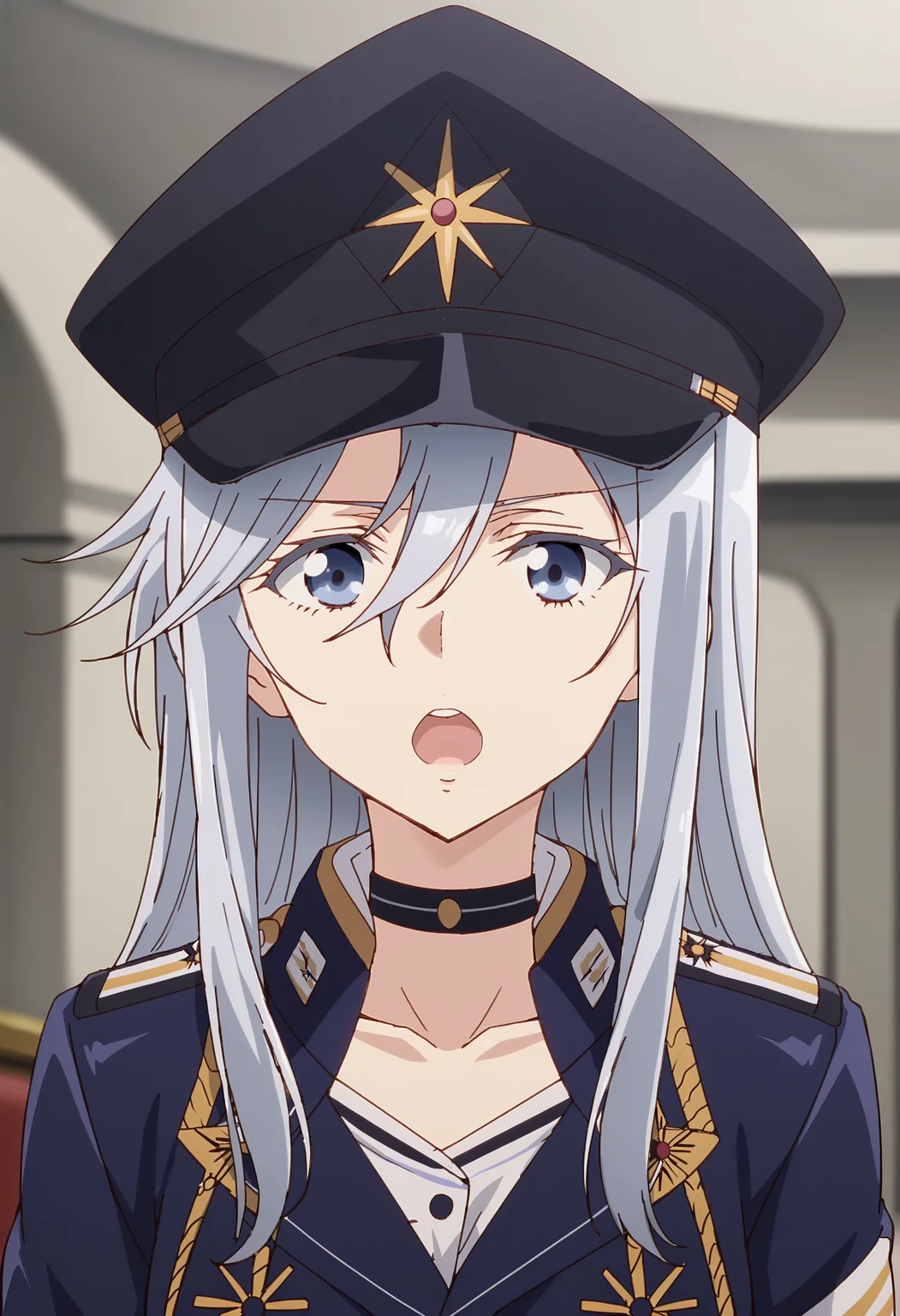 EBLena, 1girl, long hair, looking at viewer, open mouth, blue eyes, hat, hair between eyes, collarbone, jacket, grey hair, choker, blurry, uniform, grey eyes, military, black headwear, military uniform, blurry background, blue jacket, portrait, peaked cap, military hat
 <lora:VladilenaMilize-09:0.9>, <lora:xl_more_art-full_v1:0.8>