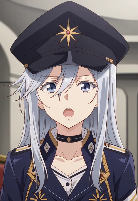 EBLena, 1girl, long hair, looking at viewer, open mouth, blue eyes, hat, hair between eyes, collarbone, jacket, grey hair, choker, blurry, uniform, grey eyes, military, black headwear, military uniform, blurry background, blue jacket, portrait, peaked cap, military hat
 <lora:VladilenaMilize-09:0.9>, <lora:xl_more_art-full_v1:0.8>