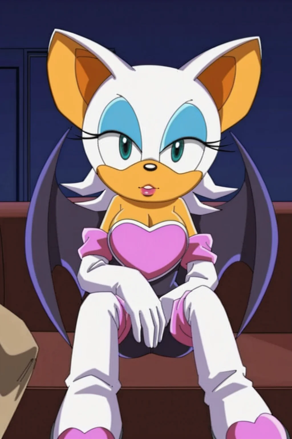 feminine, masterpiece, best quality, newest, absurdres, highres, rouge the bat, furry female, white-pink gloves, black jumpsuit, bat wings, teal eyes, pink-heart chestplate, lipstick, pink socks, white boots, sitting, sofa, looking at viewer, legs spread,
BREAK
dark background, dynamic background, <lora:Rouge_the_bat_Pony:1>