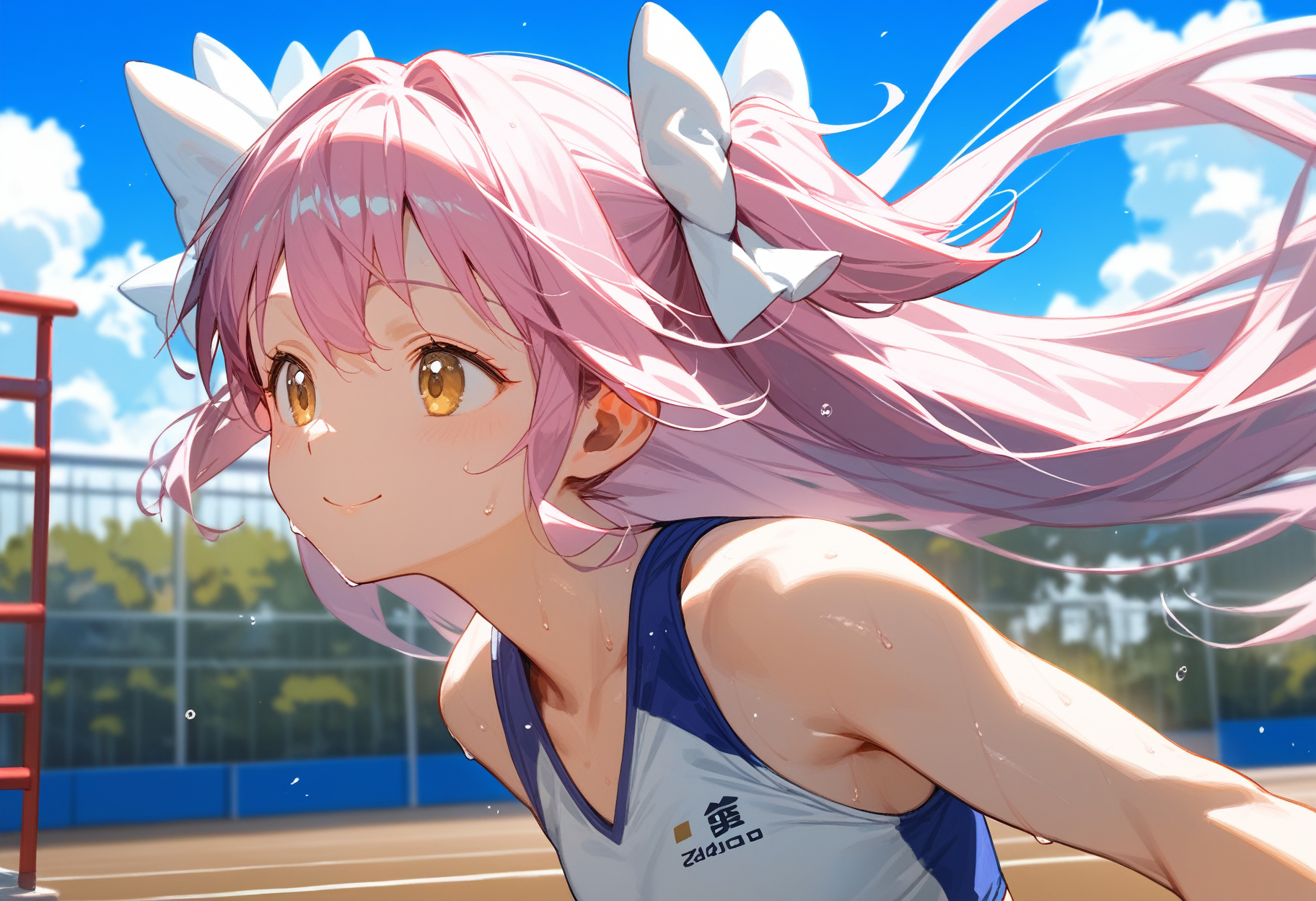<lora:An25-001C-UM_Tpony_v1.2-000156:0.9>, 
score_9, score_8_up, score_7_up, score_6_up, score_5_up, score_4_up, source_anime, good_hands, close up, anime, 
light on face, dynamic pose, back light, running, sweat, 
., 
1girl, an25_um, solo, long hair, closed mouth, smile, white bow, white gloves, japan school sportswear, 
outdoor, playground, track