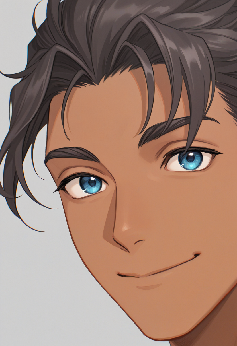 embedding:SmoothNoob_Quality, 1boy, P4rt1t10, black_P4rt1t10_hair, blue eyes, male focus, (dark-skinned male:0.7),  grey background, close-up, looking at viewer, smile,