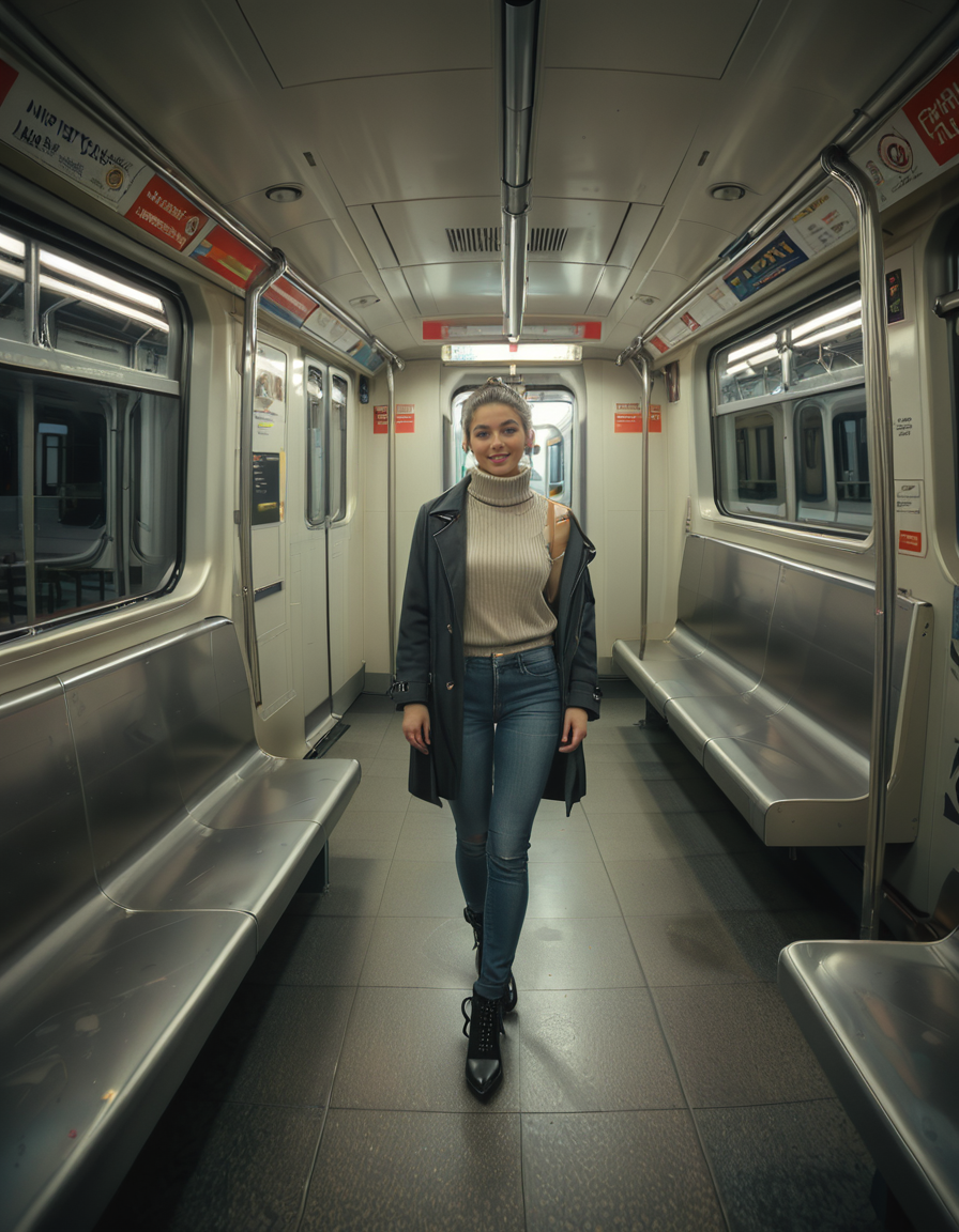 A modern subway train,Subw4y tr41n, in motion, with a single woman standing near the center of the train car, holding onto a shiny metal pole for balance as the train glides along the tracks. The woman is dressed casually yet stylishly, wearing a long black coat over a beige turtleneck sweater, paired with slim-fit jeans and ankle boots. Her hair is neatly tied back into a low bun, with a few loose strands framing her face. She has a thoughtful, calm expression, her gaze directed slightly downward as if lost in her own world. In her other hand, she holds a small tote bag, its strap looped over her wrist, with a paperback book peeking out from the top.
The subway car is clean but shows subtle signs of daily use. The walls are lined with muted gray panels, and the seats along the edges of the car are upholstered in a dark blue fabric, slightly faded from wear. Overhead, fluorescent lighting casts a bright, even glow across the interior, causing faint reflections on the polished floor, which is marked with the occasional scuff from commuters' shoes. Metal grab handles hang from above, gently swaying with the trainâs movement, and shiny steel poles are strategically placed throughout the car.
The windows on both sides reveal a blurry, motion-filled view of the dark subway tunnel, interspersed with flashes of graffiti-covered walls and dim utility lights. Above the windows, digital displays show the next stop in bright LED text, along with a route map that runs the length of the car. Small advertisements are mounted on the walls, showcasing everything from city events to product promotions, some with vibrant colors that add subtle contrast to the neutral tones of the train.
The atmosphere feels still and introspective, with the soft hum of the train and the occasional squeal of the wheels on the track. The train is sparsely occupied, with a few empty seats and subtle details like a forgotten coffee cup on one bench and a folded newspaper lying on the floor. The overall mood is quiet and reflective, capturing a moment of solitude and thoughtfulness during an ordinary subway ride.<lora:SDXLFaeTastic2400:0.4> <lora:extremely_detailed:0.4> extremely detailed, <lora:Subw4y_tr41n:1>, Masterpiece,best quality,hi res,8k,hi res,8k,award winning,(sharp focus, intricate, highly detailed),
